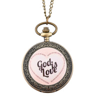 STRADA Japanese Movement Nade Pink Bottom & Heart Pattern Pocket Watch with Silvertone Chain (31 Inches)