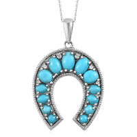 AMERICAN Natural Sleeping Beauty Turquoise and Natural White Zircon Horseshoe Pendant Necklace 20 Inches in Platinum Over Sterling Silver 8 Grams 3.00 ctw