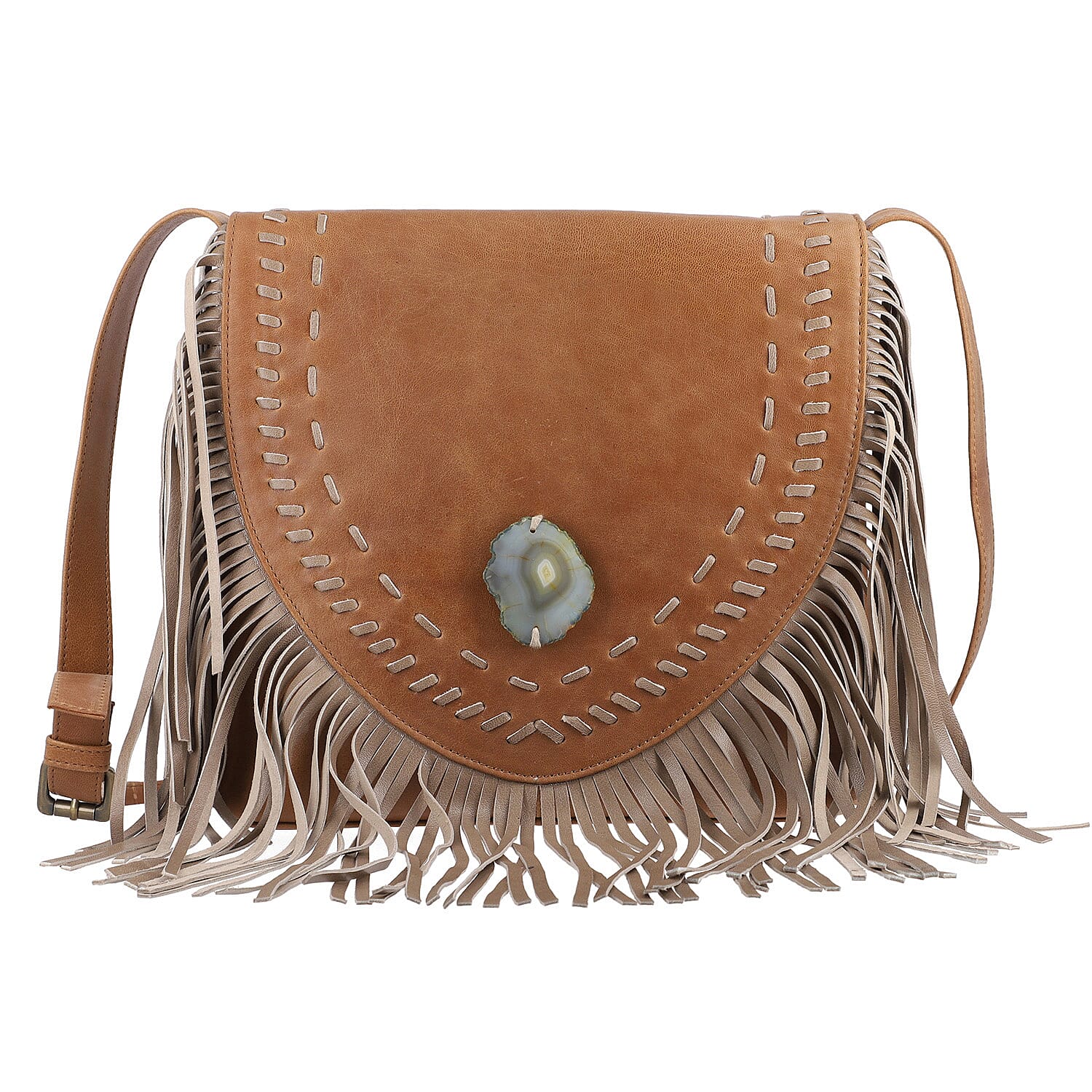 "100% Genuine Leather Crossbody Bag with Agate Stone and Matching Fringes SIZE: 14(L)x3(W)x10.5(H) Inches COLOR: Gray"