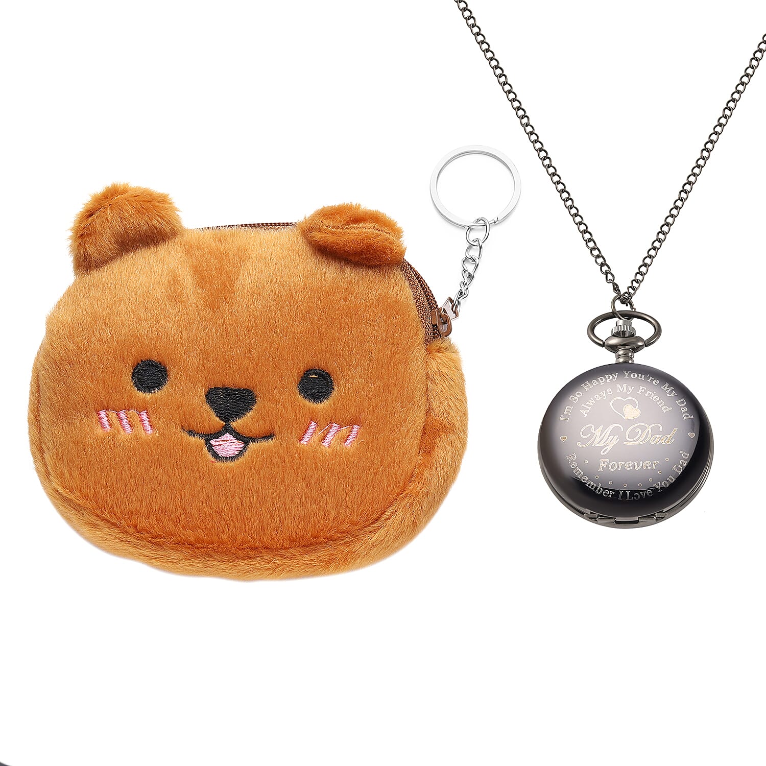 STRADA Japanese Movement Dad Laser Pattern Pocket Watch with Chain (31 Inches) in Brown Teddy Bear Wallet (Ships in 7-10 Business Days)