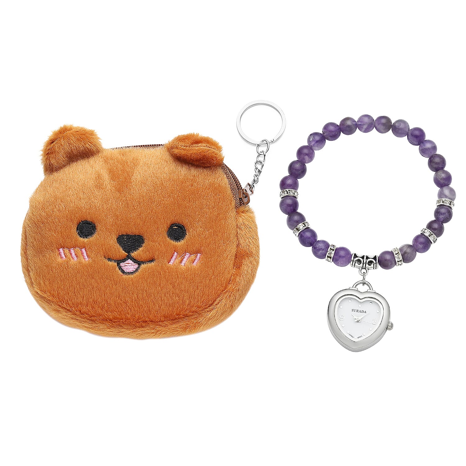 STRADA Amethyst Japanese Movement Beaded Stretch Bracelet Charm Watch and Brown Teddy Bear Wallet (Ships in 7-10 Business Days) 22.00 ctw