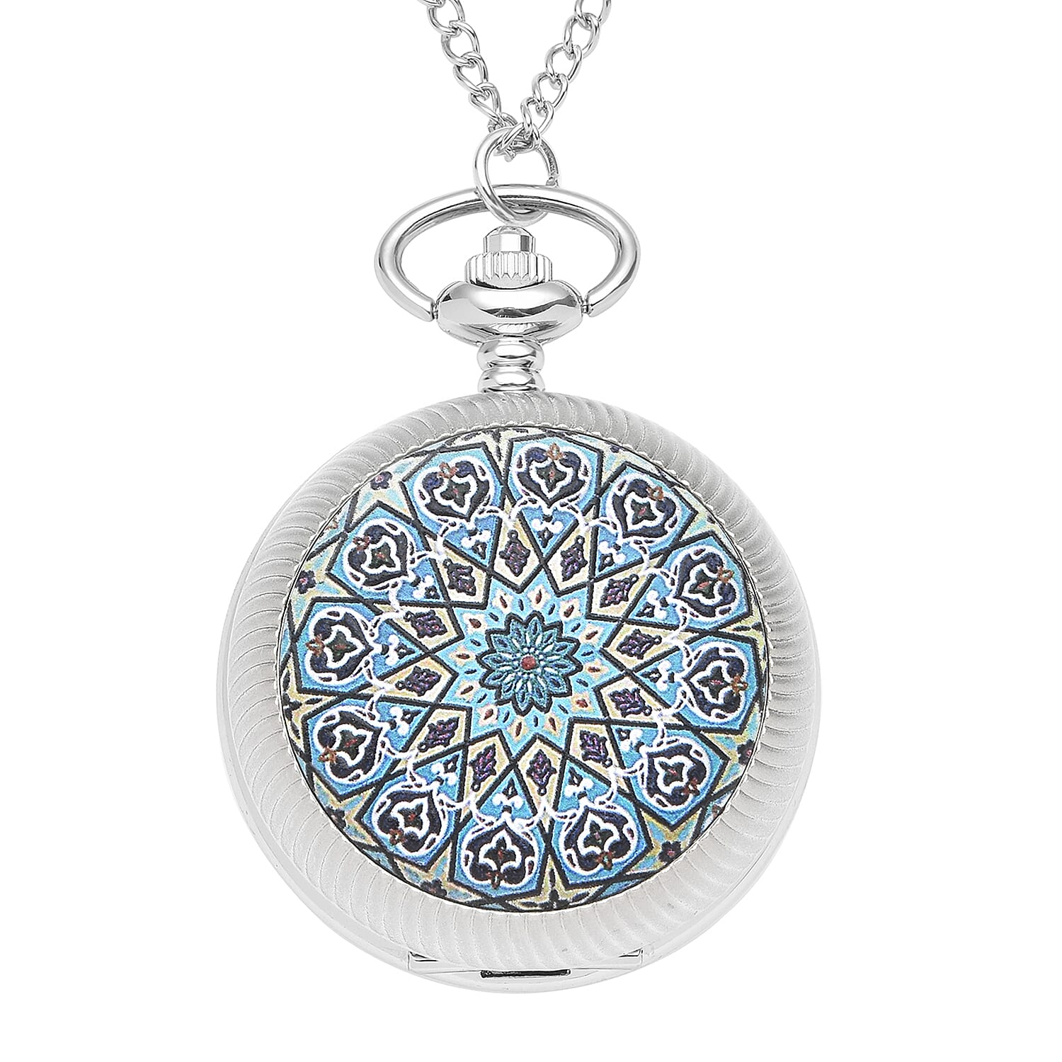 STRADA Japanese Movement Blue & Black Flower Pattern Rotating Pocket Watch with Rosetone Chain (31 Inches)