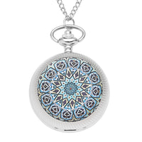 STRADA Japanese Movement Blue & Black Flower Pattern Rotating Pocket Watch with Rosetone Chain (31 Inches)
