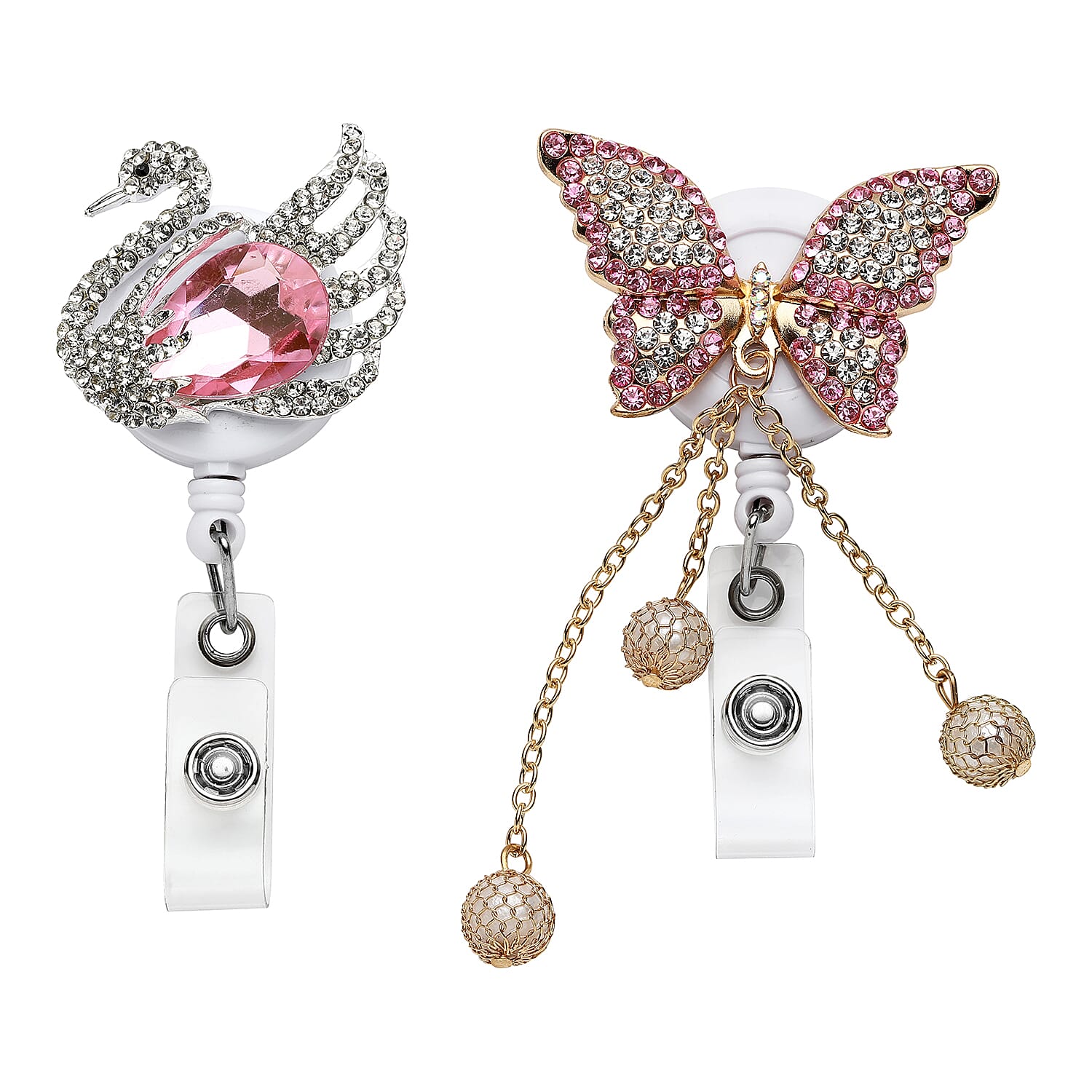 Set of 2 Resin, Simulated Pearl, Multi Color Austrian Crystal Swan and Butterfly Pattern Badge Holders in Silvertone and Goldtone