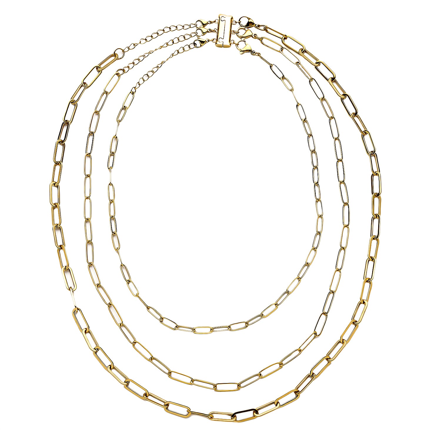 EVER TRUE Set of 4, 3 Paper Clip Chains Necklace 16, 20 and 24 Inches with 3-Row Magnetic Layering Lock in ION Plated YG Stainless Steel