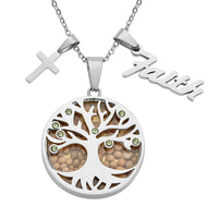 Simulated Green Diamond and Mustard Color Seed Tree of Life Pendant Necklace 24 Inches with Cross Symbol and Faith Charm in Stainless Steel