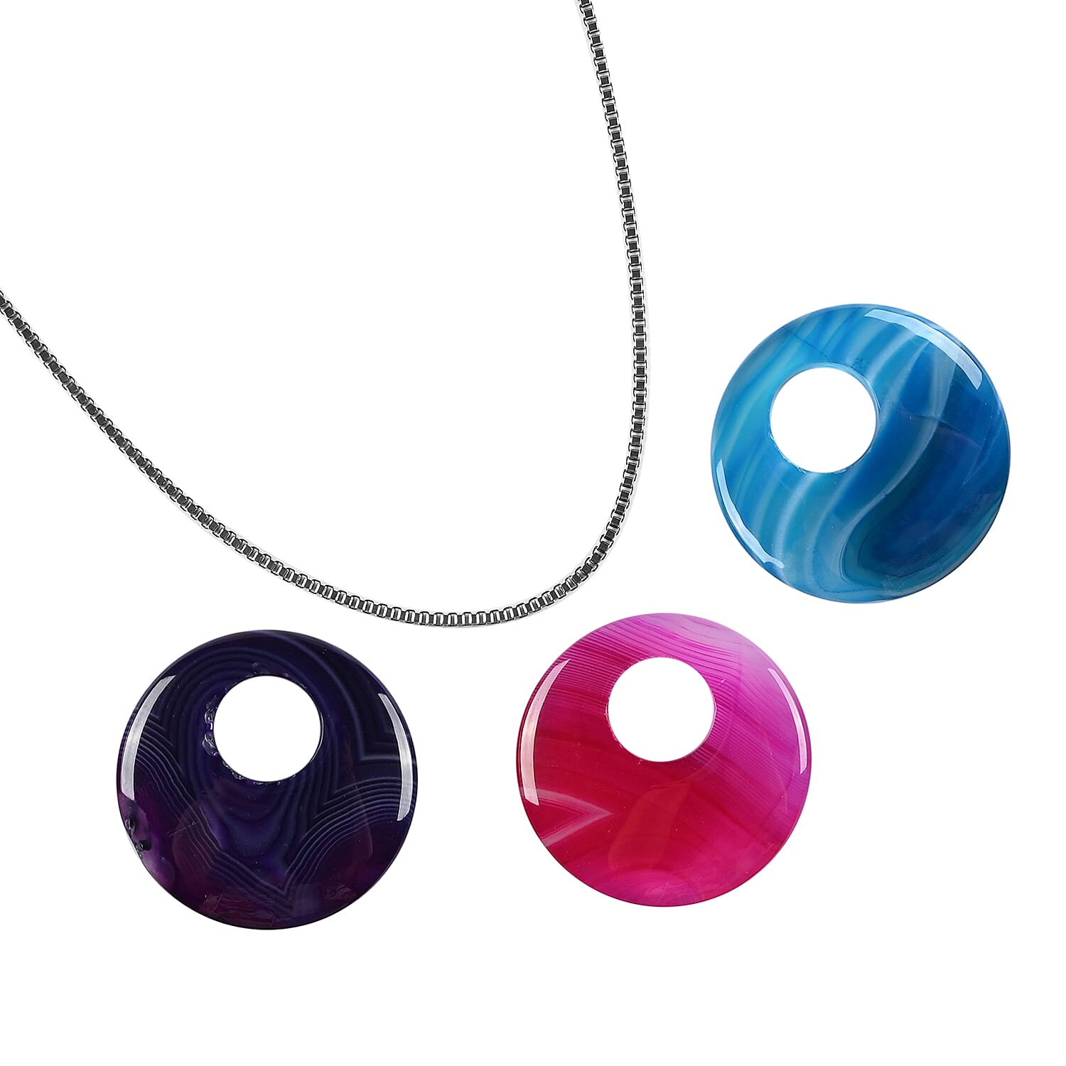 Set of 3 Black, Green and Red Agate Circle Pendant with Stainless Steel Necklace (18 Inches) 72.00 ctw