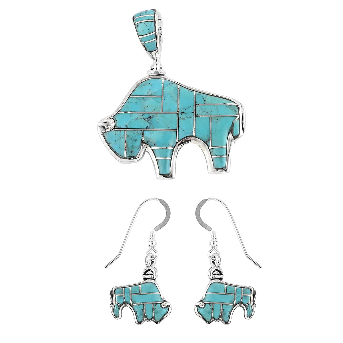 SANTA FE Style 12.00 ctw Mojave Black Turquoise and Multi Gemstone Reversable Buffalo Pendant and Earrings in Sterling Silver 24.30 Grams