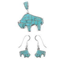 SANTA FE Style 12.00 ctw Mojave Black Turquoise and Multi Gemstone Reversable Buffalo Pendant and Earrings in Sterling Silver 24.30 Grams