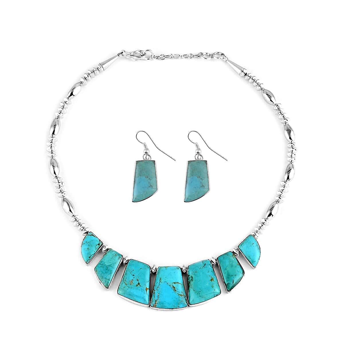 SANTA FE Style Turquoise Drop Earrings and Statement Necklace 16-18 Inches in Sterling Silver 34.00 ctw
