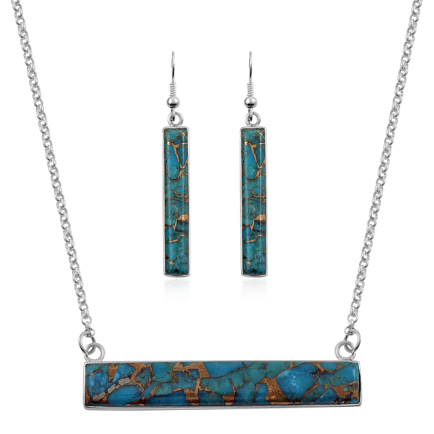 SANTA FE Style Spiny Turquoise Bar Necklace 16-18 Inches and Dangle Earrings in Sterling Silver 5.50 ctw