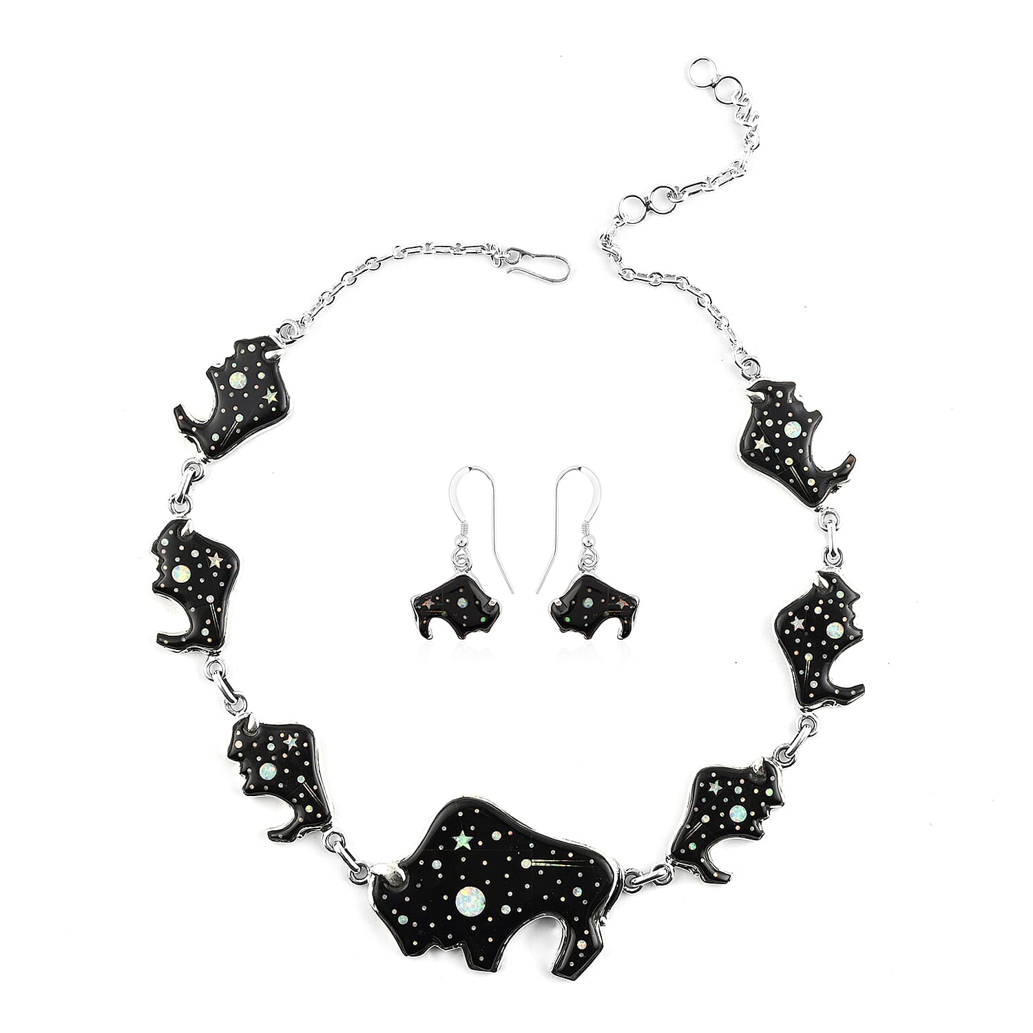SANTA FE Style Black Onyx, Lab Created Opal Buffalo Dangle Earrings and Necklace 20 Inches in Sterling Silver 83.60 Grams 3.55 ctw