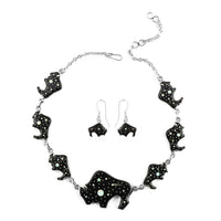 SANTA FE Style Black Onyx, Lab Created Opal Buffalo Dangle Earrings and Necklace 20 Inches in Sterling Silver 83.60 Grams 3.55 ctw