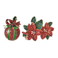 Set of 2 Multi Color Austrian Crystal and Enameled Flower and Christmas Present Brooch in Goldtone - Sticky add to cart bar
