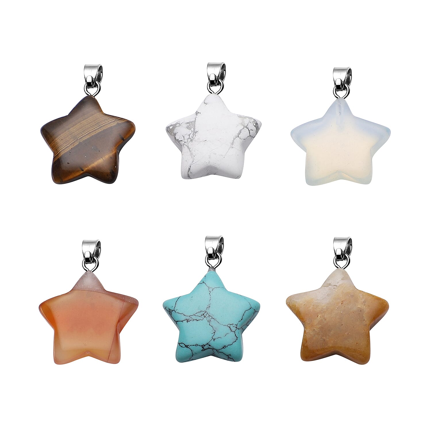 Set of 6 Yellow Tiger's Eye, Red Agate, Yellow Quartzite, White Howlite, Blue Howlite and Opalite Star Shape Pendant in Silvertone 72.00 ctw