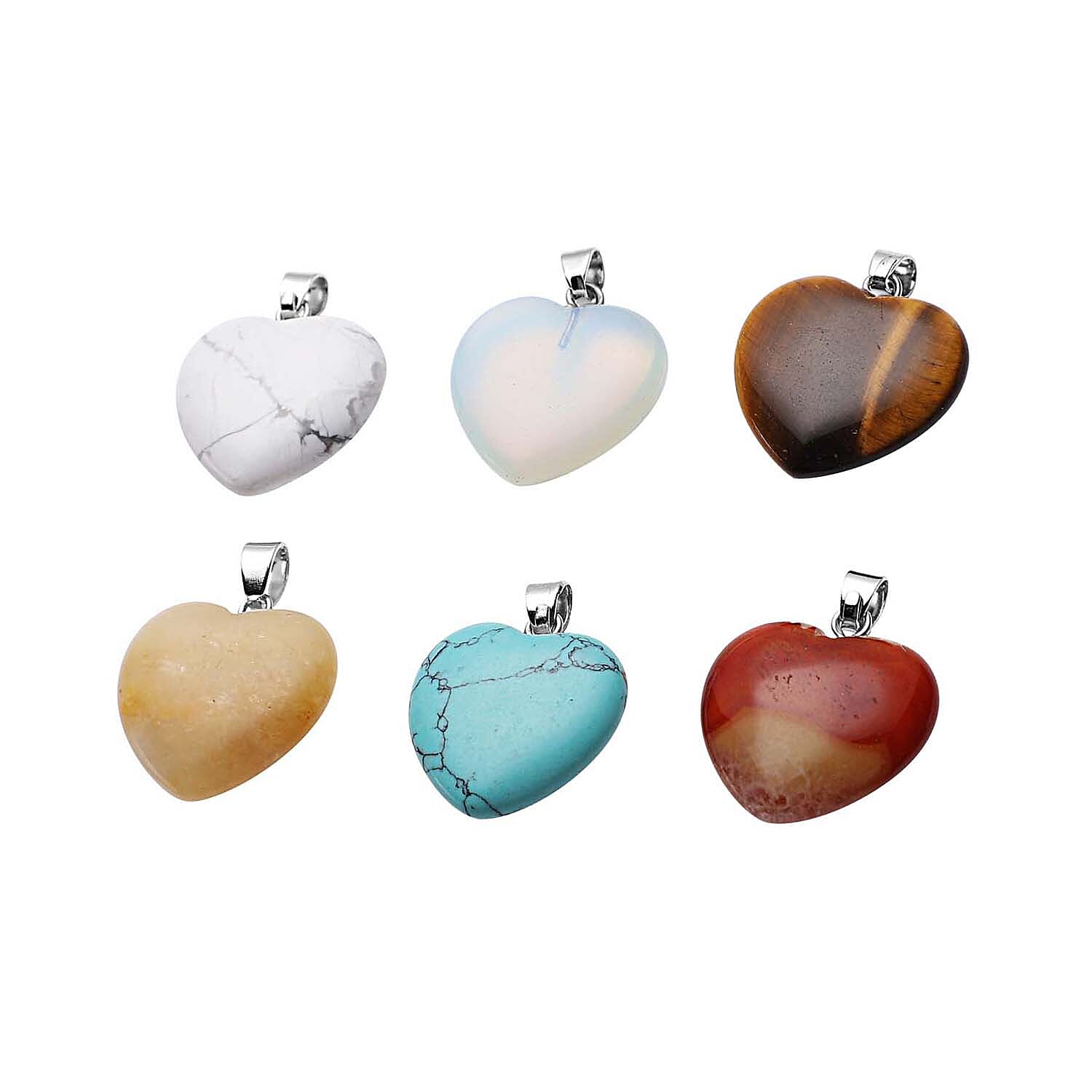 Set of 6 Yellow Tiger's Eye, Red Agate, Yellow Quartzite, White Howlite, Blue Howlite and Opalite Heart Shape Pendant in Silvertone 72.00 ctw