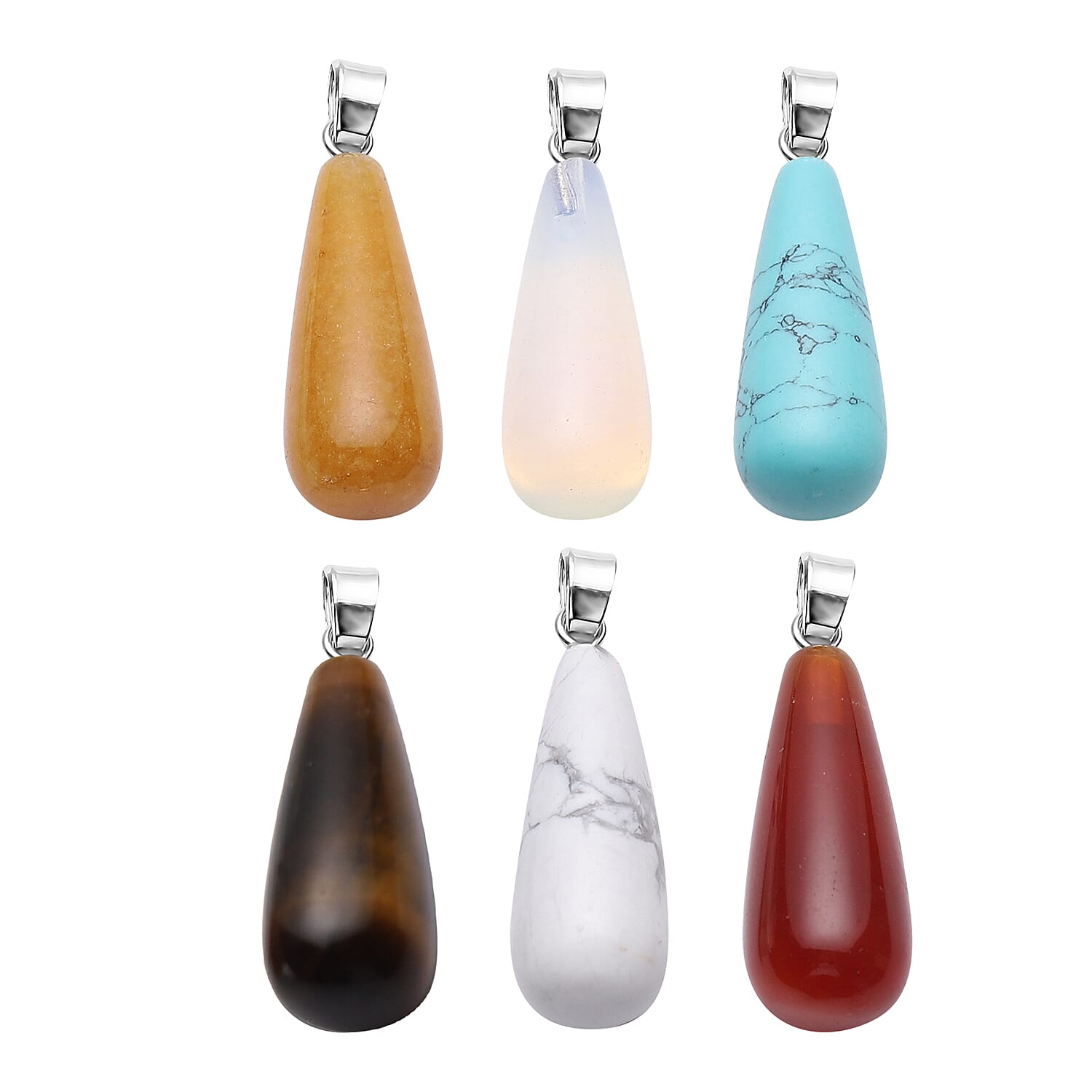 PICK OF THE SHOW Set of 6 Tiger's Eye, Red Agate, Yellow Quartzite, White Howlite, Blue Howlite and Opalite Long Drop Shape Pendant in Silvertone 72.00 ctw