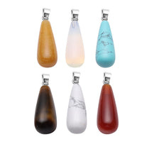 PICK OF THE SHOW Set of 6 Tiger's Eye, Red Agate, Yellow Quartzite, White Howlite, Blue Howlite and Opalite Long Drop Shape Pendant in Silvertone 72.00 ctw