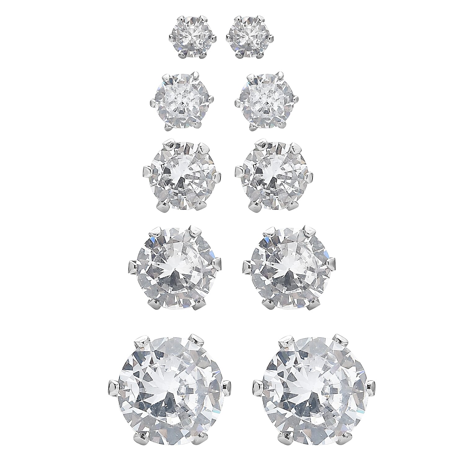 Set of 5 Simulated Diamond Solitaire Stud Earrings in Stainless Steel 2.70 ctw