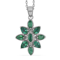 AAA Kagem Emerald and Natural White Zircon Flower Pendant Necklace 18 Inches in Rhodium Over Sterling Silver 1.45 ctw