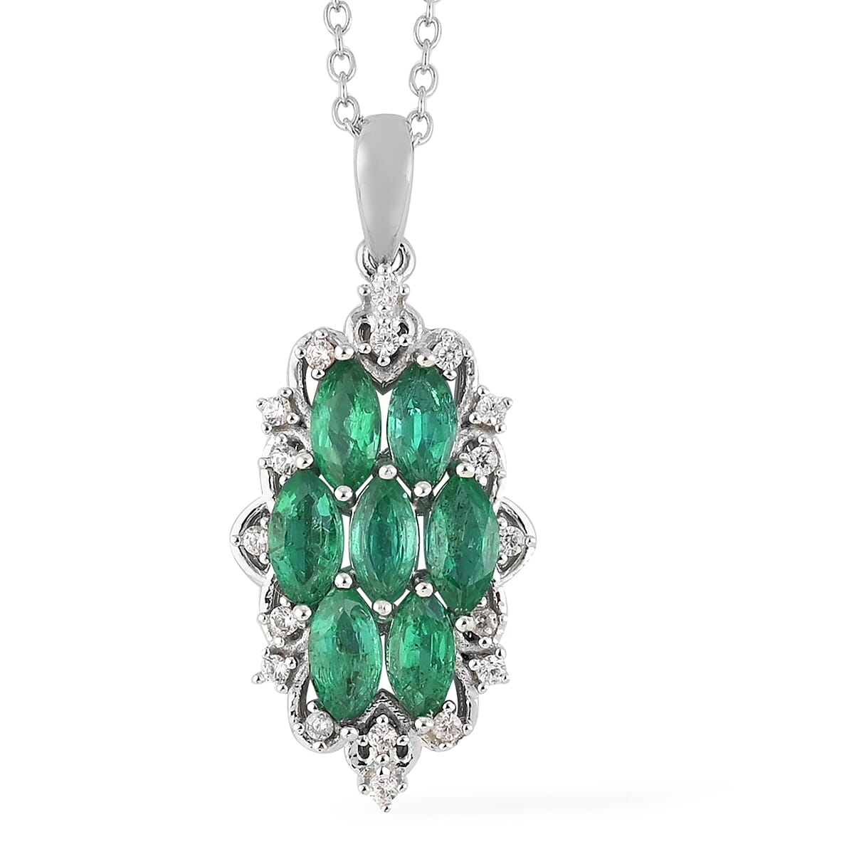 AAA Kagem Emerald and Natural White Zircon Pendant Necklace 18 Inches in Rhodium Over Sterling Silver 1.75 ctw