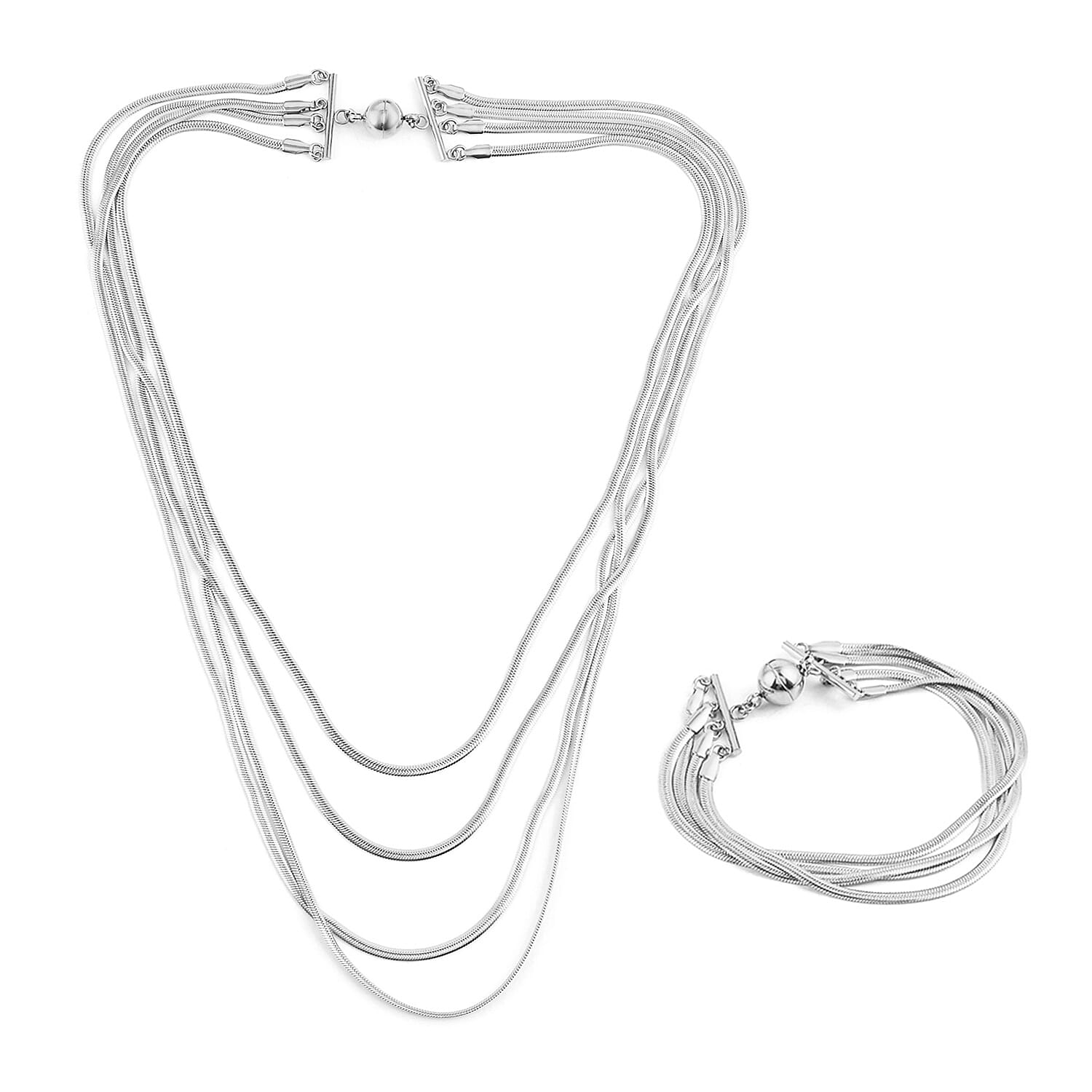 Multi Layer Snake Chain Bracelet (8In) and Necklace 20 Inches in ION Plated Rose Gold Stainless Steel 48.35 Grams