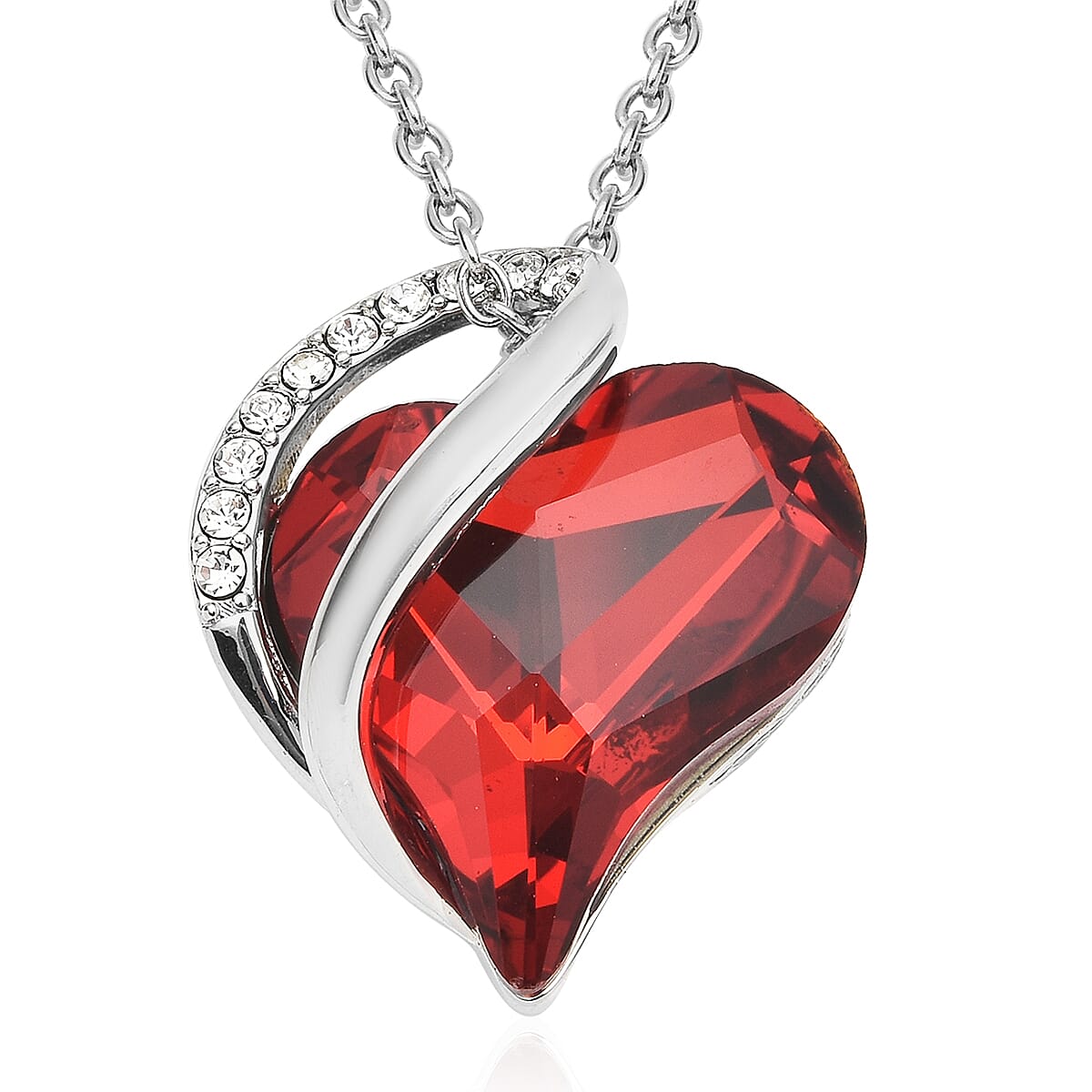 Red and White Austrian Crystal Heart Pendant Necklace (18 Inches) in Silvertone and Stainless Steel