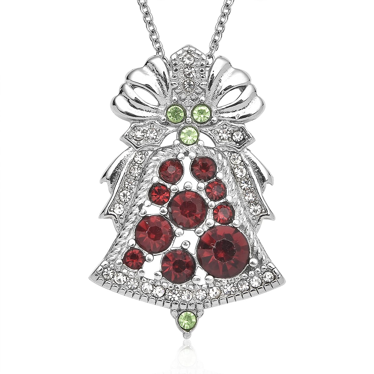 Multi Color Austrian Crystal Jingle Bell Shape Pendant Necklace 20 Inches in Stainless Steel