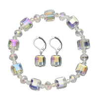 Simulated Mystic Quartz Square Beaded Bracelet (7-7.5In) and Drop Earrings in Silvertone