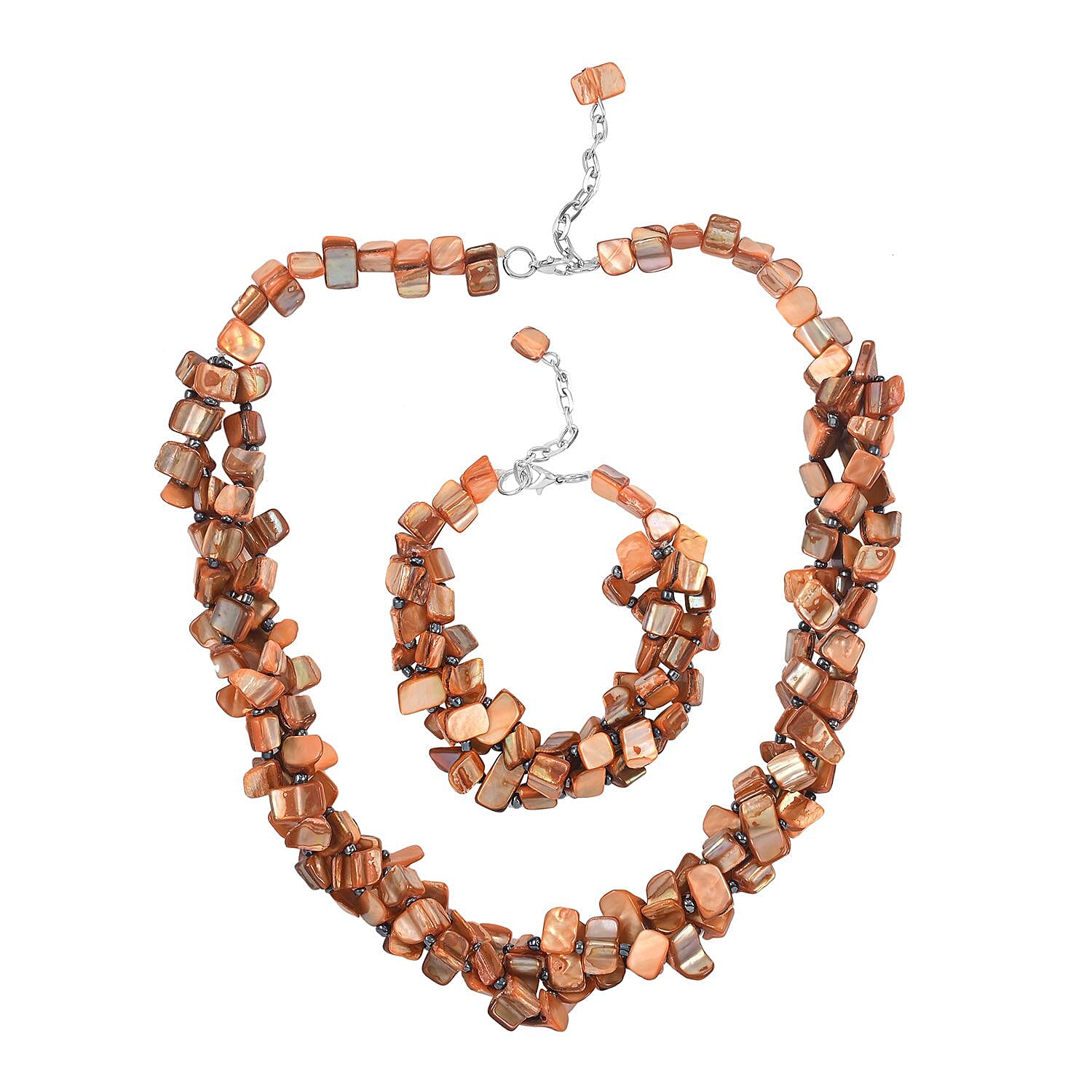 Orange Seed Beads Shell Bracelet (8-10in) and Necklace 20-22 Inches in Silvertone