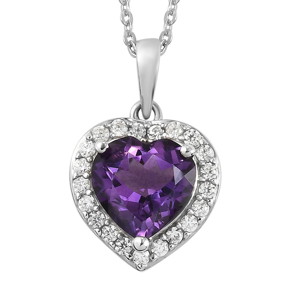 Mashamba Amethyst and Natural White Zircon Heart Pendant Necklace 20 Inches in Platinum Over Sterling Silver 2.80 ctw