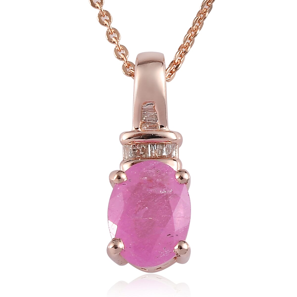 Premium Ilakaka Hot Pink Sapphire (FF) and Diamond Pendant Necklace 20 Inches in Vermeil Rose Gold Over Sterling Silver 1.90 ctw
