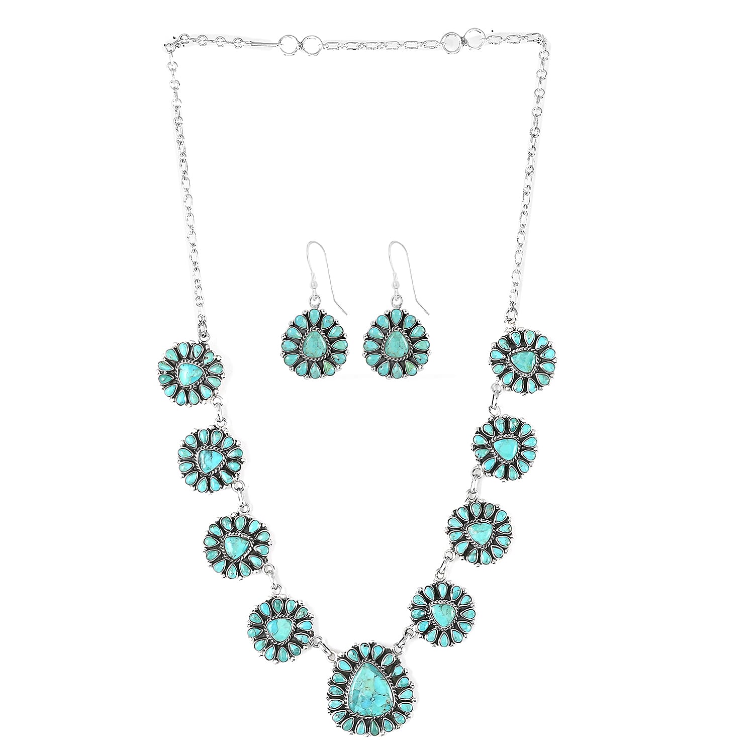 SANTA FE Style Turquoise Statement Necklace 16 Inches and Flower Drop Earrings in Sterling Silver 46.40 Grams 15.25 ctw