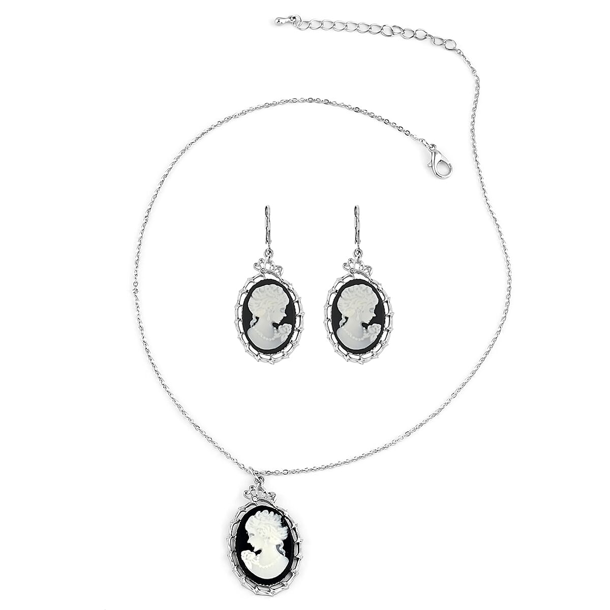Black Cameo Necklace 16 Inches and Earrings in Silvertone 54.00 ctw
