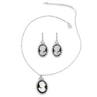 Black Cameo Necklace 16 Inches and Earrings in Silvertone 54.00 ctw
