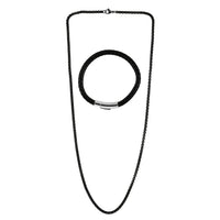 Cable Necklace (24 Inches) and Black Leather Bracelet (8.50In) in ION Plated Black Stainless Steel