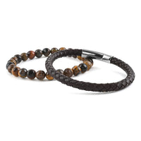 Set of 2 Multi Gemstone Stretch Beaded Bracelet and Brown Leather Bracelet in Stainless Steel 108.00 ctw