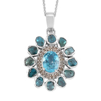 2.80 ctw Cambodian Blue Zircon and Polki Blue Diamond, Diamond Pendant Cocktail Necklace 20 Inches in Platinum Over Sterling Silver