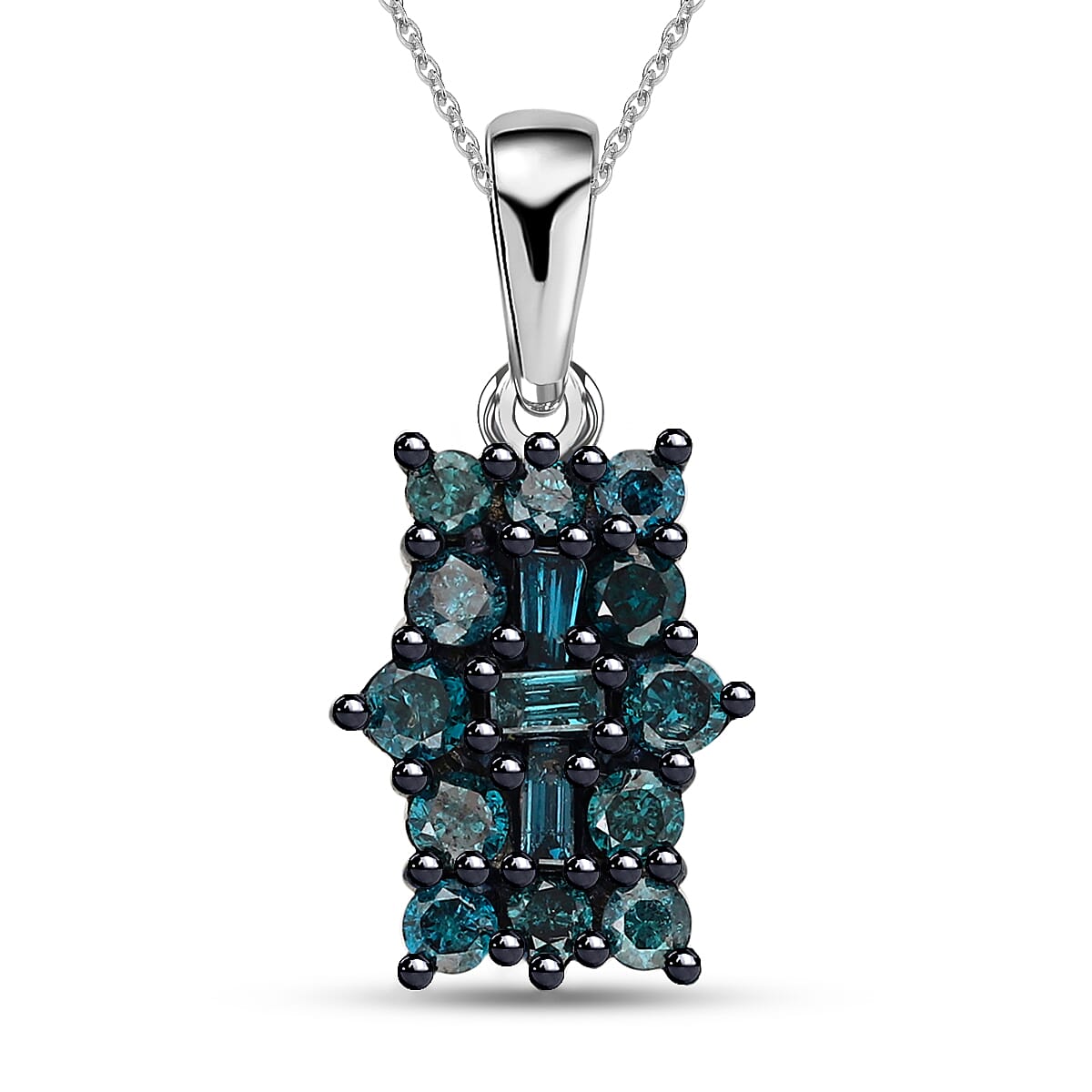 Blue Diamond Cluster Pendant Necklace in Rhodium and Platinum Plated Sterling Silver, Diamond Jewelry For Women, 18 Inches 0.50 ctw