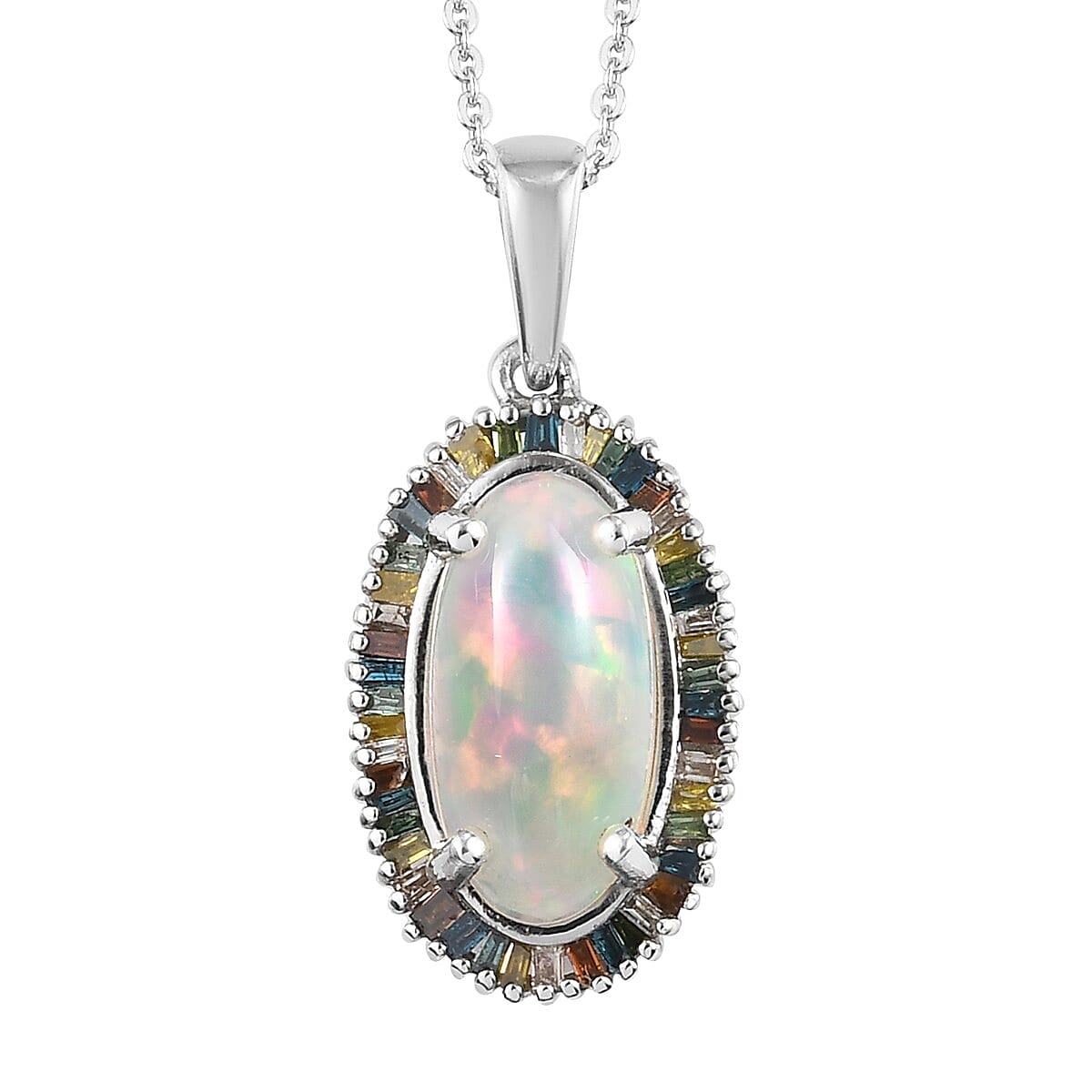 3.20 ctw Premium Wegal Tena Opal and Multi Diamond Halo Pendant Necklace 20 Inches in Platinum Over Sterling Silver