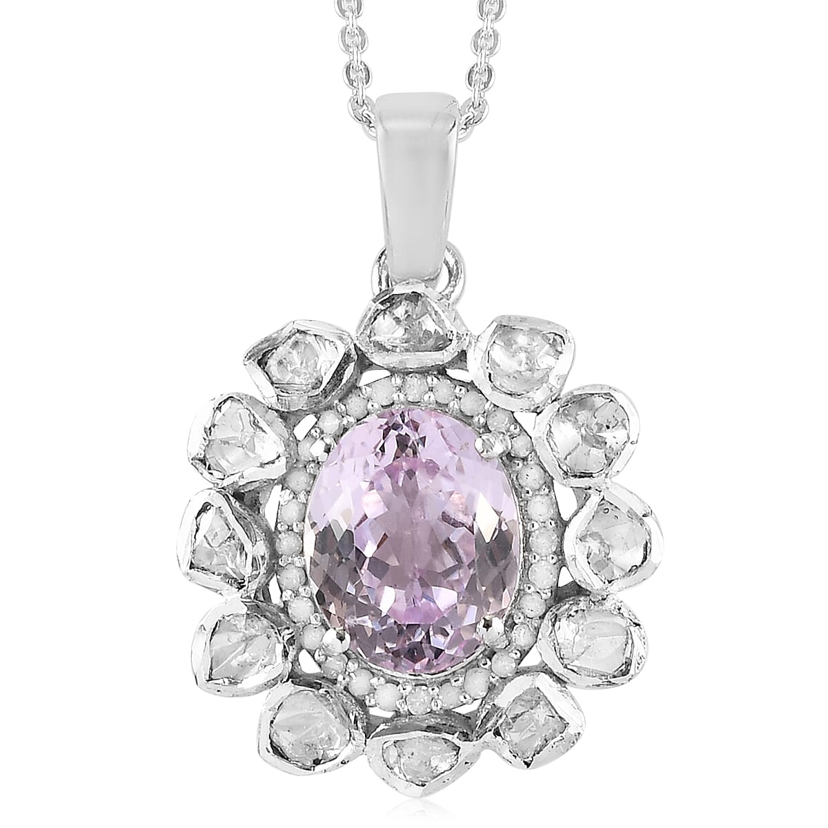 Premium Martha Rocha Kunzite, Polki Diamond and Diamond Cocktail Pendant Necklace 20 Inches in Platinum Over Sterling Silver 4.50 ctw