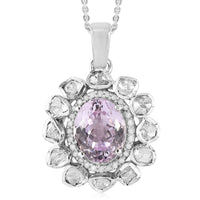 Premium Martha Rocha Kunzite, Polki Diamond and Diamond Cocktail Pendant Necklace 20 Inches in Platinum Over Sterling Silver 4.50 ctw