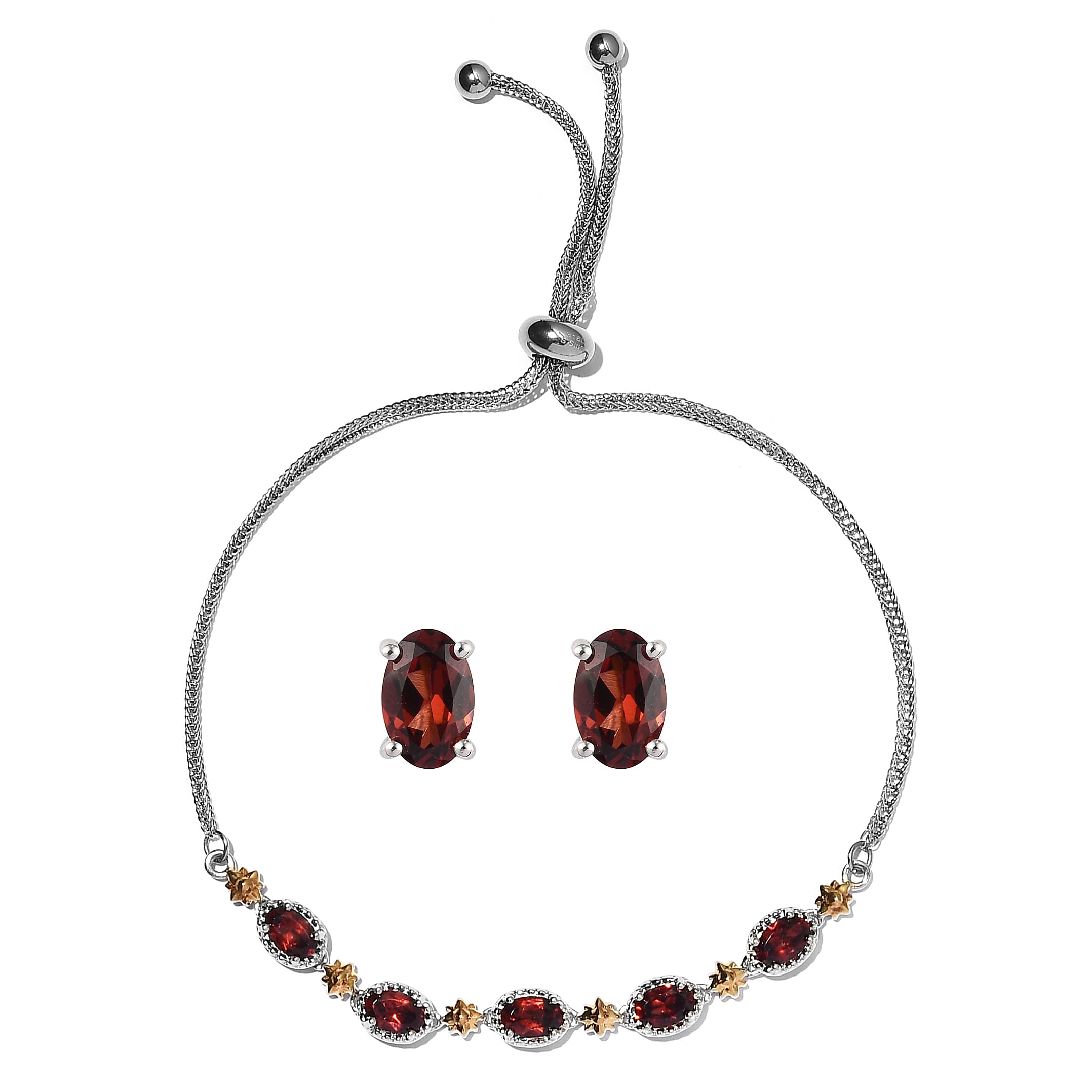 KARIS Mozambique Garnet Stud Earrings and Bolo Bracelet in Platinum Bond, Sterling Silver and Stainless Steel 3.75 ctw