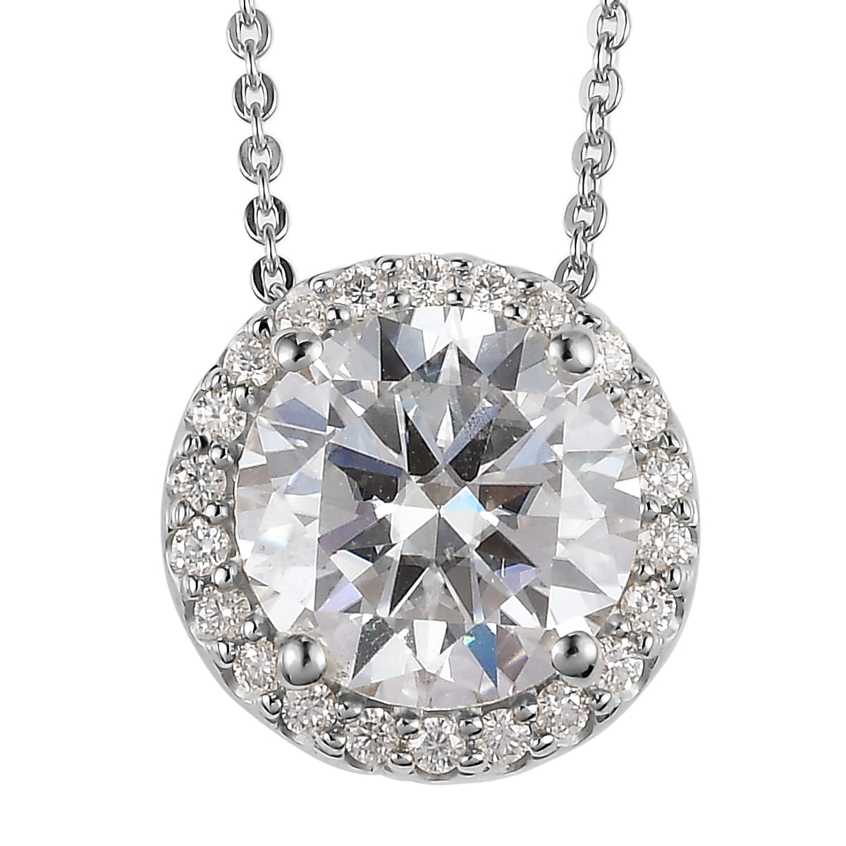 100 Facet Moissanite VS EF Halo Pendant Necklace 20 Inches in Platinum Over Sterling Silver 3.00 ctw