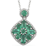 AAA Kagem Zambian Intense Green Emerald and White Zircon Pendant Necklace 18 Inches in Rhodium Over Sterling Silver 1.80 ctw