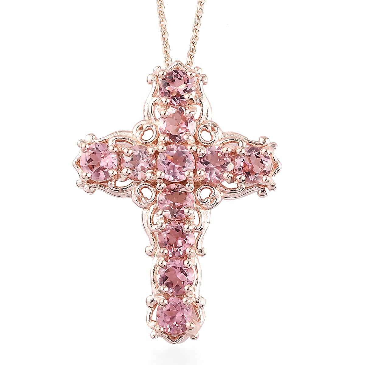Blush Tourmaline Cross Pendant Necklace 20 Inches Vermeil Rose Gold Over Sterling Silver 2.75 ctw