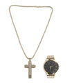 Hennessey Glass Crystal Watch and Black Faux Leather Band and ION Plated YG Stainless Steel Cross Pendant Necklace 18 Inches - Sticky add to cart bar