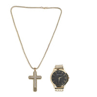 Hennessey Glass Crystal Watch and Black Faux Leather Band and ION Plated YG Stainless Steel Cross Pendant Necklace 18 Inches