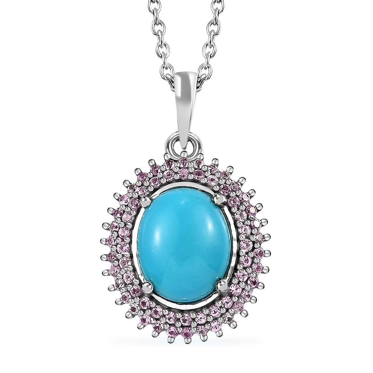 AMERICAN Natural Sleeping Beauty Turquoise and Pink Sapphire Double Halo Pendant Necklace 20 Inches in Platinum Over Sterling Silver 3.75 ctw