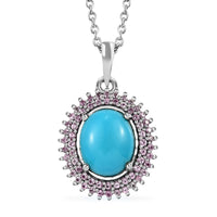 AMERICAN Natural Sleeping Beauty Turquoise and Pink Sapphire Double Halo Pendant Necklace 20 Inches in Platinum Over Sterling Silver 3.75 ctw
